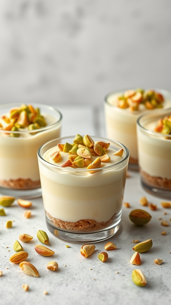 Pistachio pudding dessert cups topped with crushed pistachios