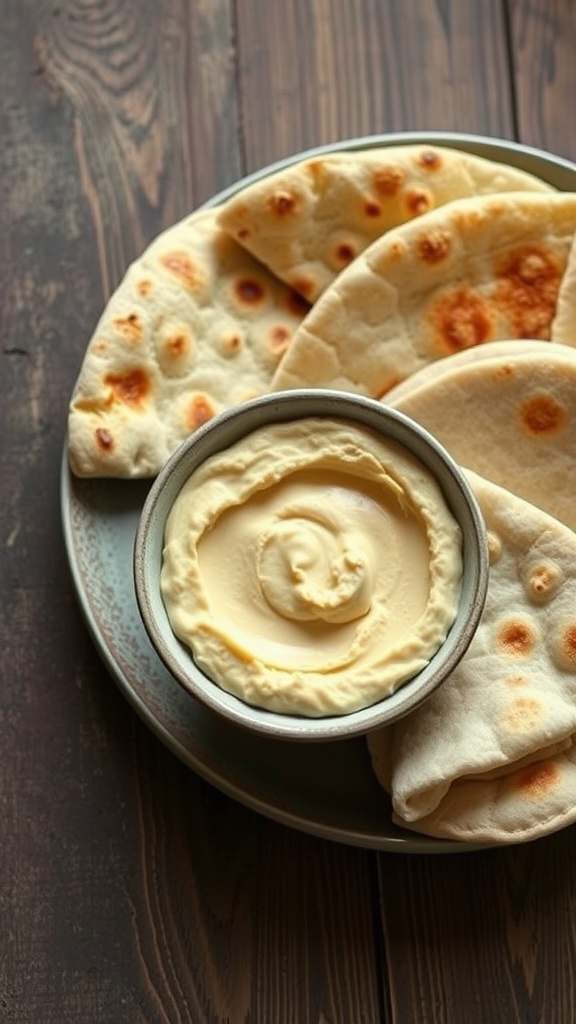 A plate of pita bread served with a creamy dip.