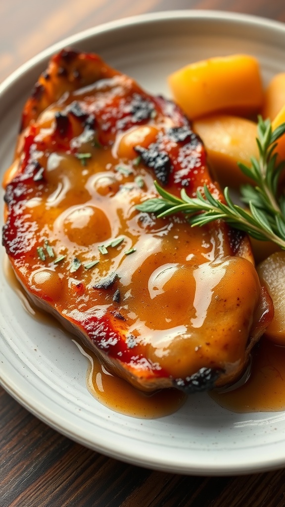 A plate of pork chops served with apple sauce and garnished with fresh herbs.