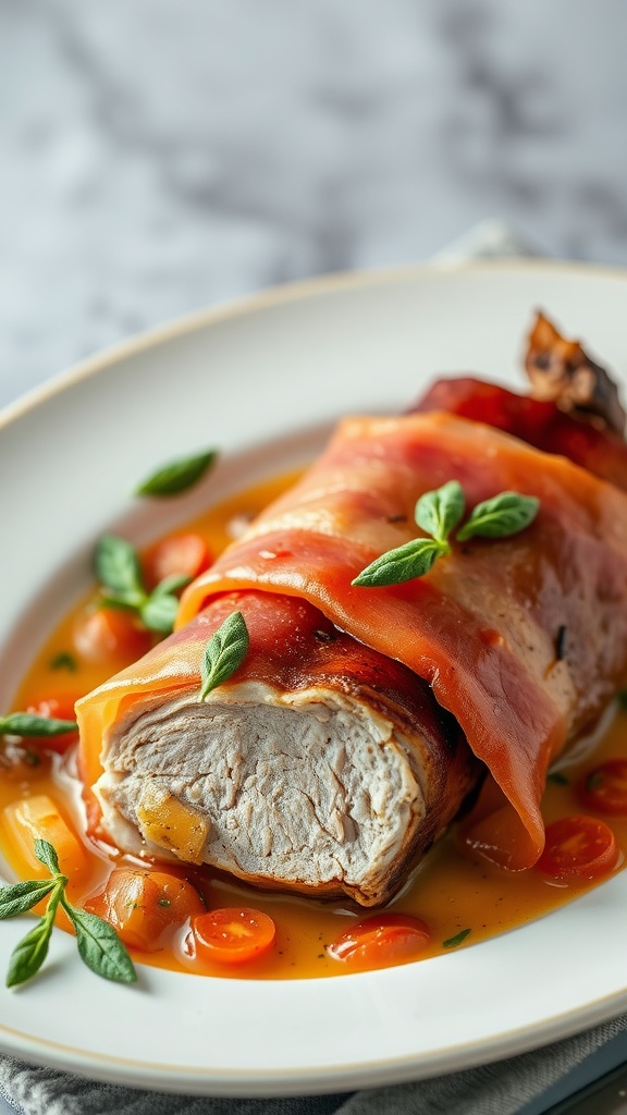 Delicious Pork Saltimbocca with Sage, served on a plate.