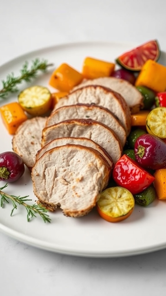 A plate of sliced pork tenderloin accompanied by roasted colorful vegetables.