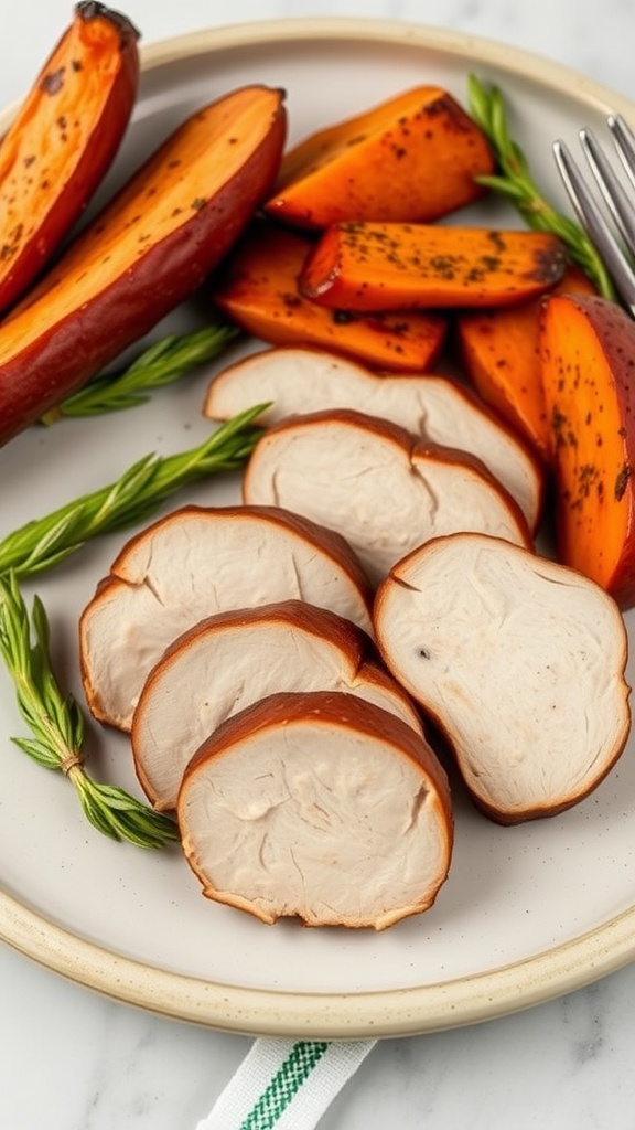 A plate of sliced pork tenderloin served with roasted sweet potatoes and fresh herbs.