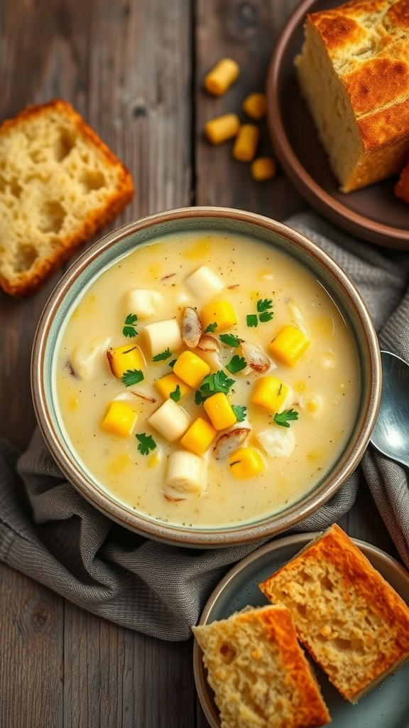 A bowl of creamy potato and corn chowder with diced potatoes and corn kernels, garnished with parsley, served with crusty bread.