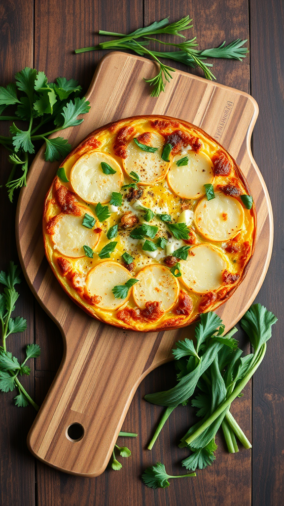 A freshly baked Potato and Leek Frittata topped with fresh herbs, served on a wooden cutting board.