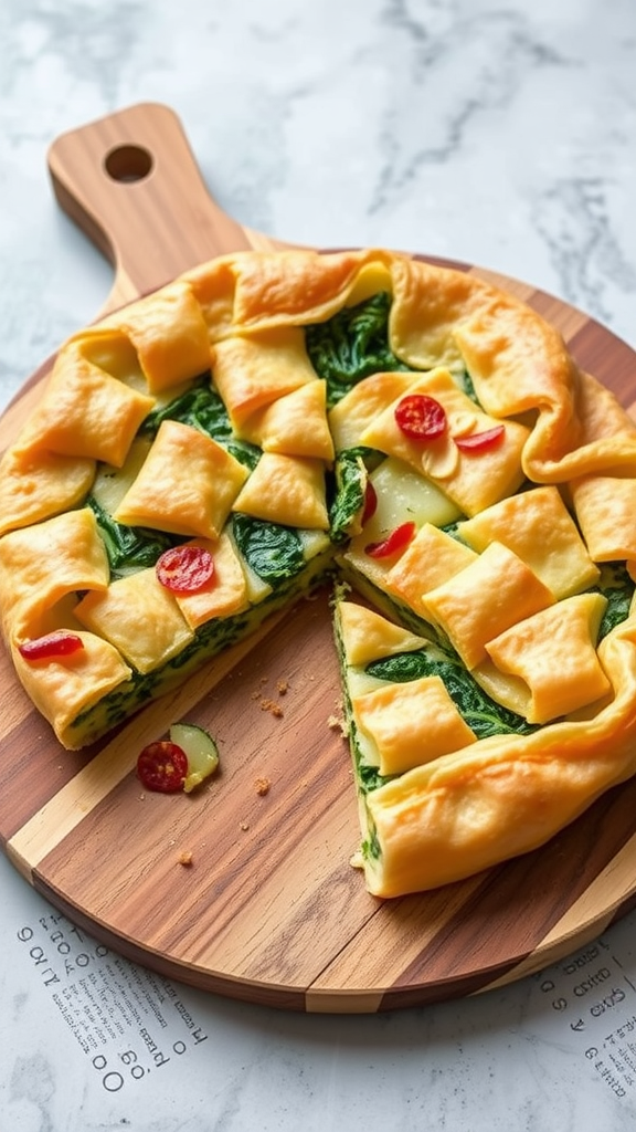 Delicious Potato and Spinach Filo Pie on a wooden cutting board