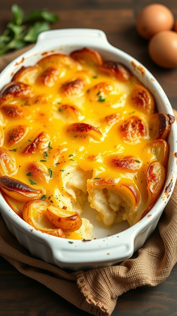 A delicious potato gratin topped with melted cheese, baked to a golden brown.