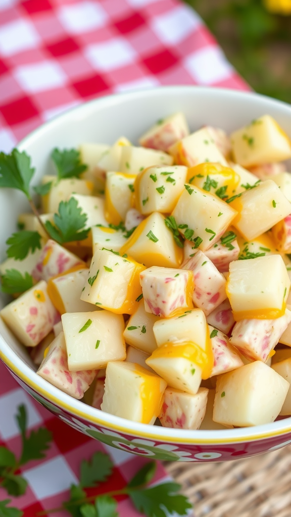 A bowl of creamy potato salad with diced potatoes, herbs, and mustard.