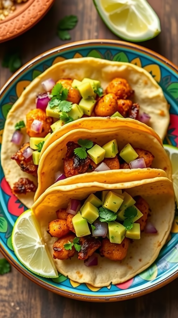 Three potato tacos topped with avocado salsa and lime wedges on a colorful plate.