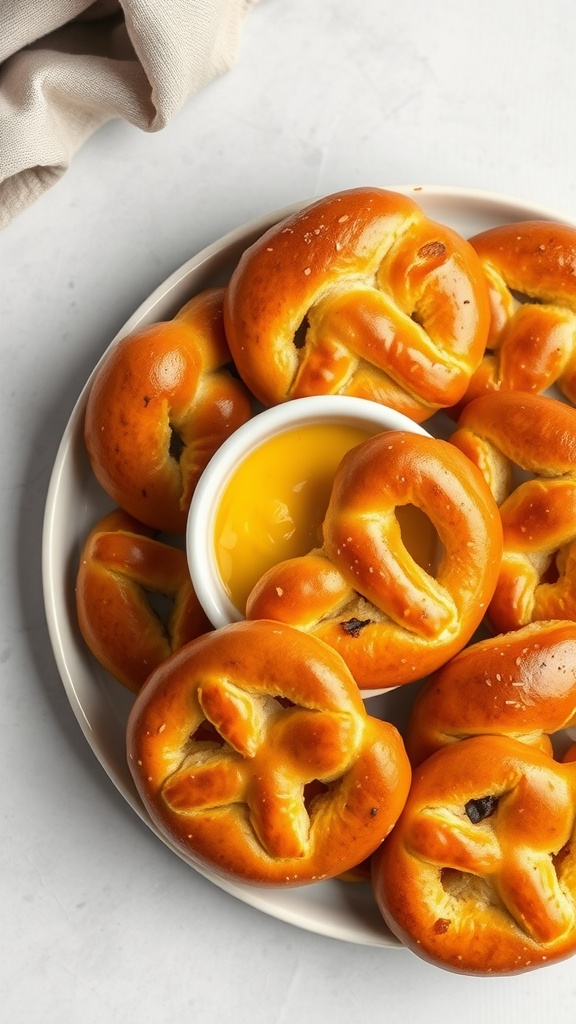 Freshly baked pretzel bread served with mustard.