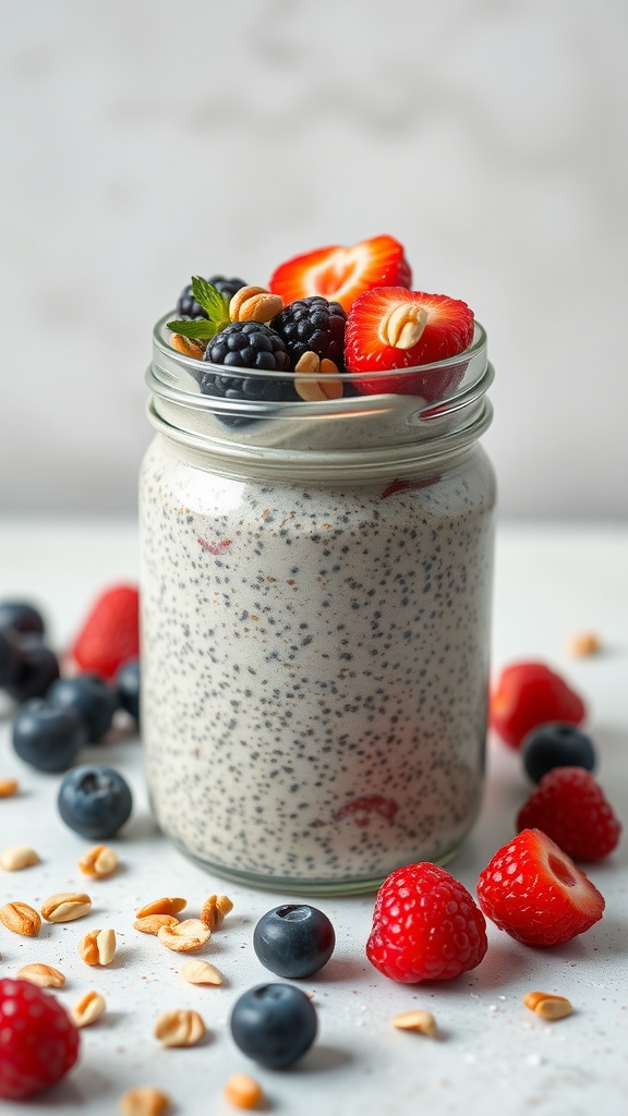 A jar of chia pudding topped with fresh berries and nuts.