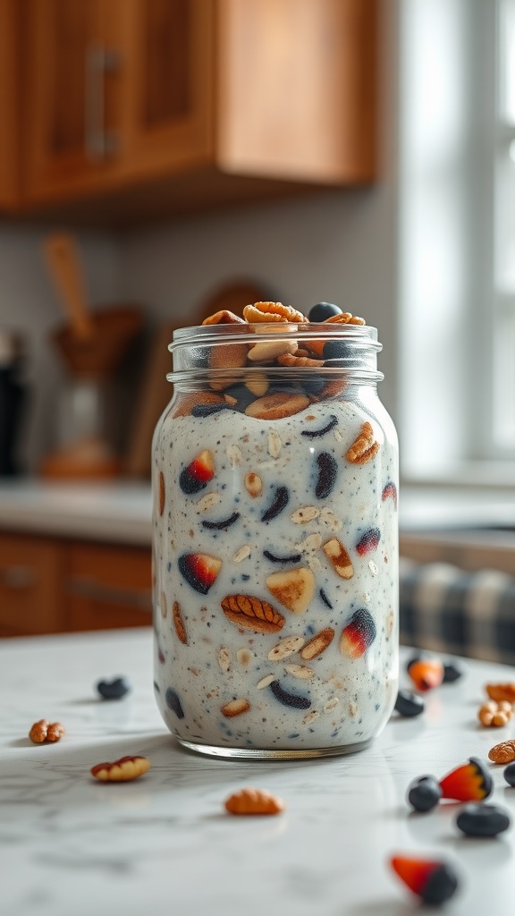 A jar of protein-packed overnight oats with nuts and berries