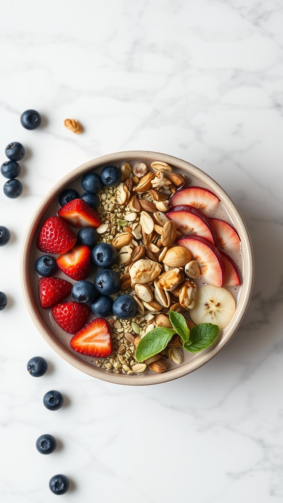 A colorful protein smoothie bowl topped with various fresh fruits and granola.