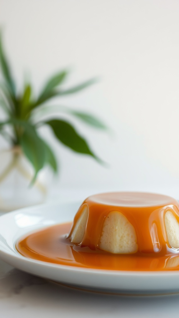 A creamy Brazilian flan served on a plate, drizzled with caramel sauce.