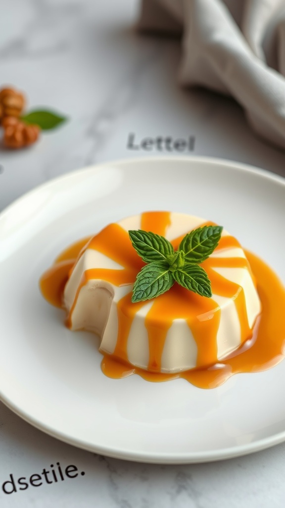 Delicious and creamy Brazilian milk flan topped with caramel and mint.