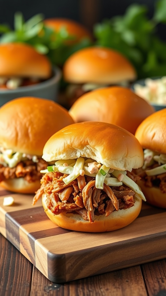 Pulled pork sliders with coleslaw stacked on a wooden board