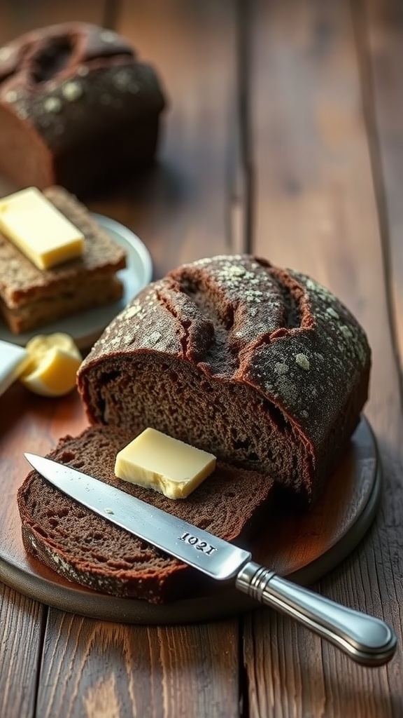 Sliced pumpernickel bread with butter on top