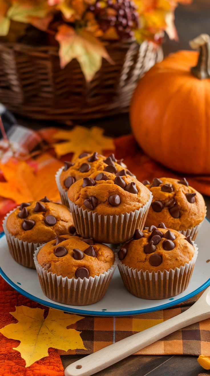 A plate of pumpkin chocolate chip muffins with a decorative fall background