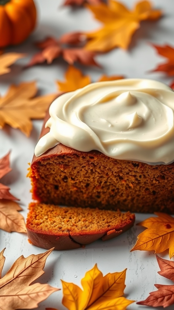 A loaf of pumpkin spice bread with frosting and autumn leaves.