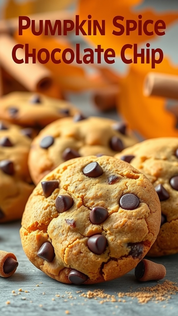 Delicious pumpkin spice chocolate chip cookies with chocolate chips scattered around.