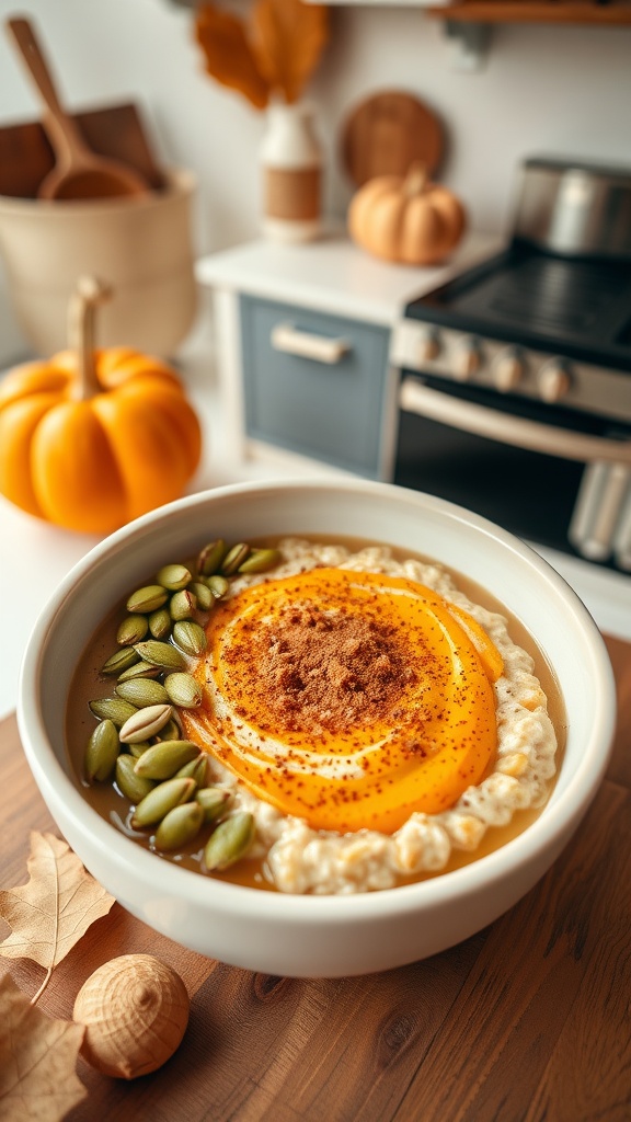 A bowl of pumpkin spice overnight oats topped with pumpkin puree and seeds.