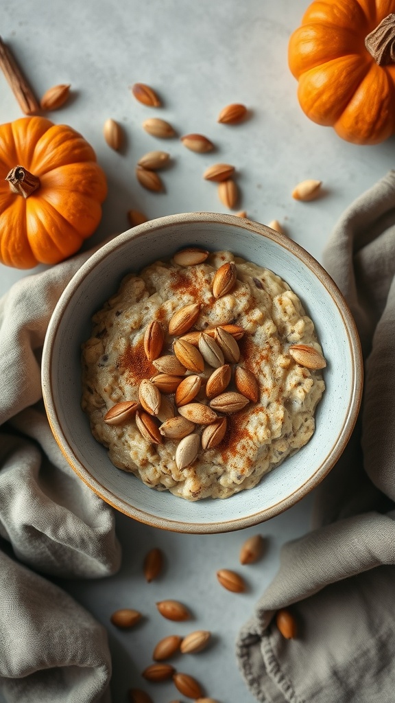 Bowl of pumpkin spice oatmeal topped with nuts and surrounded by small pumpkins.