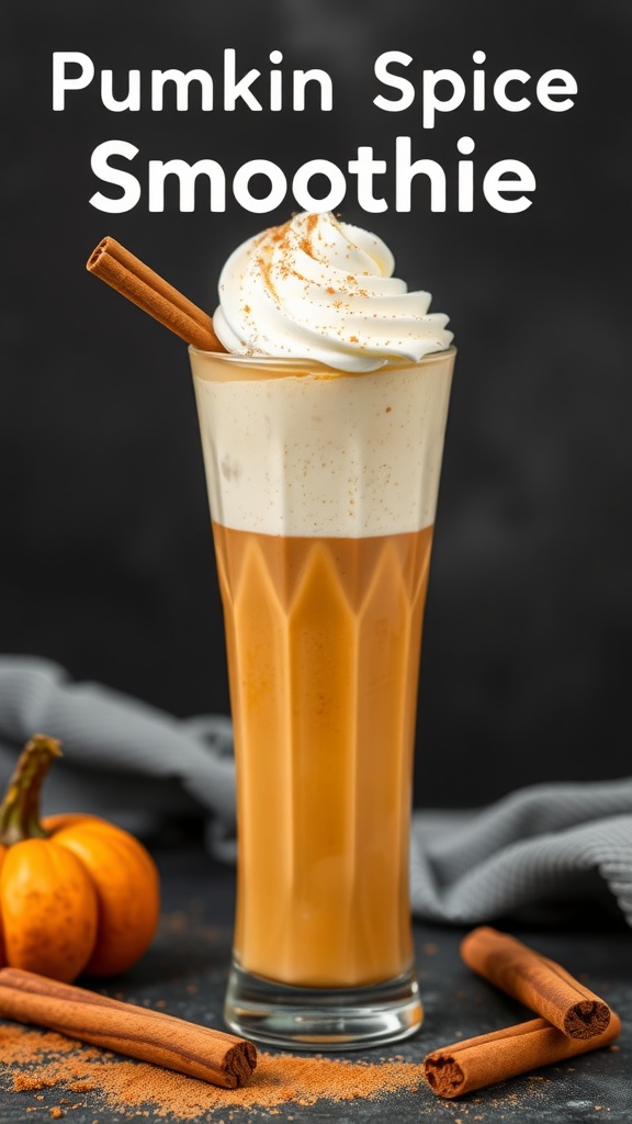 Pumpkin Spice Smoothie in a glass garnished with whipped cream and cinnamon sticks.