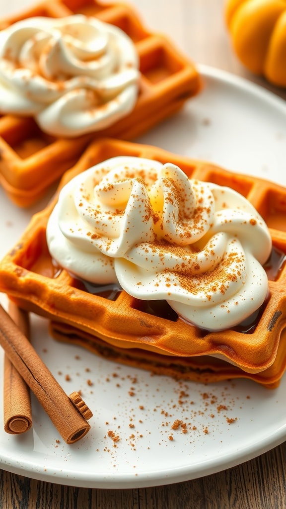 Pumpkin spice waffles topped with whipped cream and cinnamon