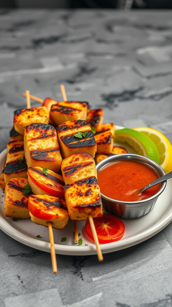 Grilled cheese skewers with tomatoes and dipping sauce