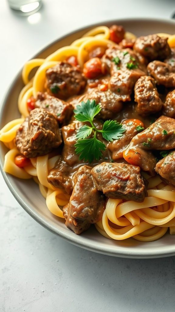 A hearty plate of beef stroganoff served over egg noodles with garnishes.