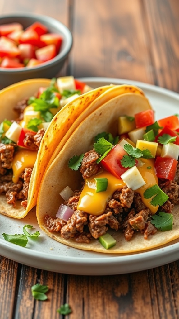 Quick Beef Tacos with Cheese served with fresh toppings