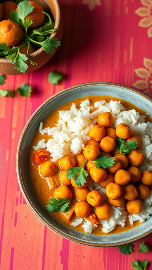 A bowl of chickpea curry served over rice, garnished with cilantro.