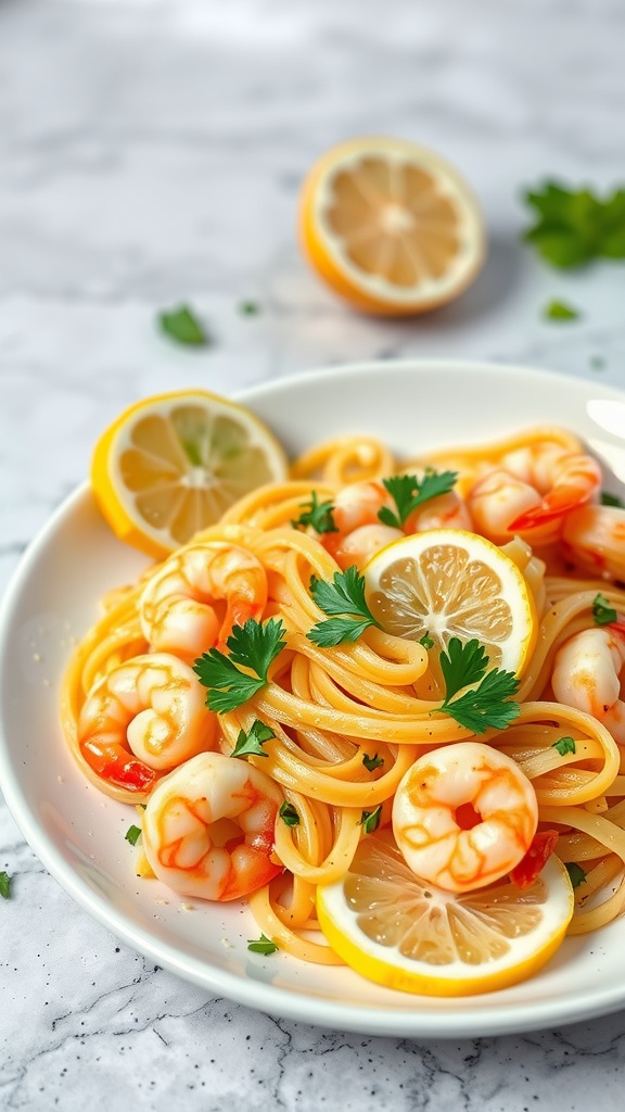 Plate of lemon garlic shrimp pasta garnished with parsley and lemon slices