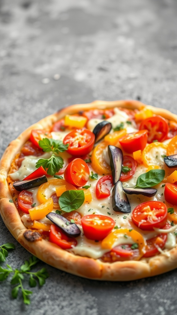 A delicious veggie pizza with a variety of colorful toppings.