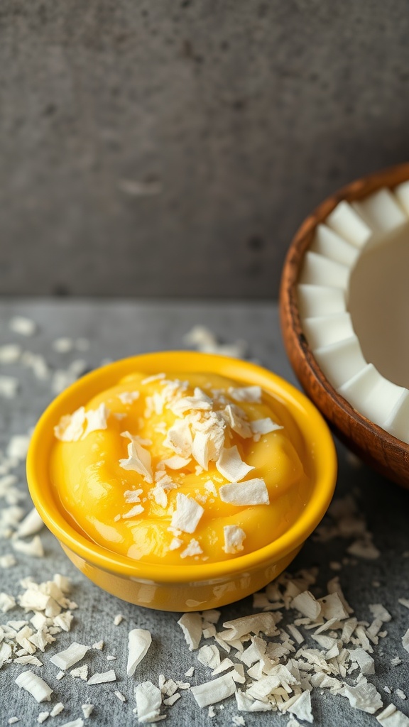 A bowl of yellow coconut custard dessert topped with coconut flakes.