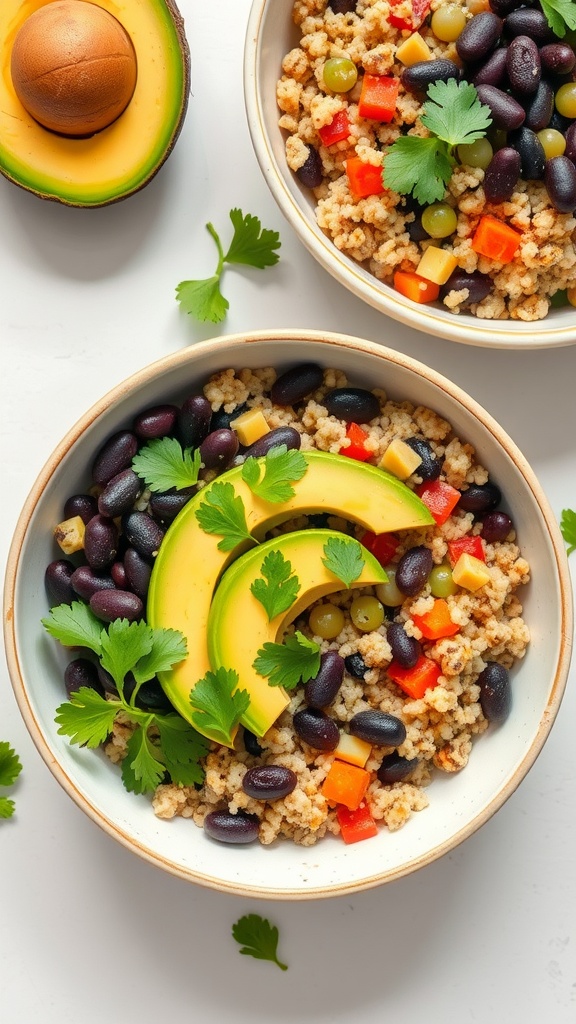 Colorful quinoa and black bean bowls topped with avocado slices and fresh cilantro.