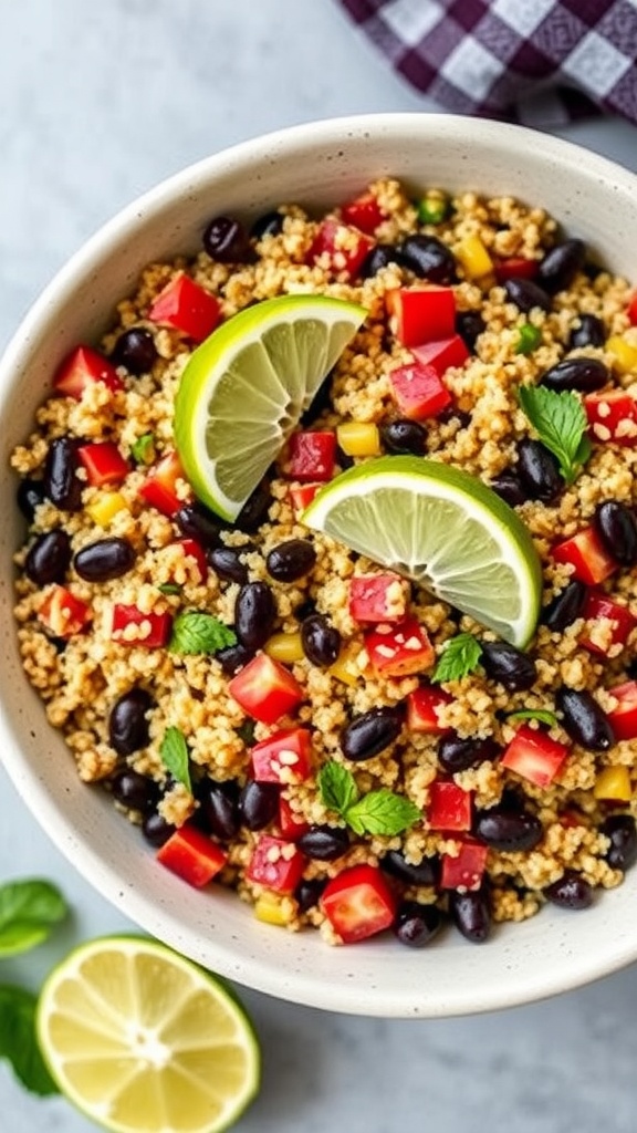A colorful quinoa and black bean salad served in a bowl with lime wedges.