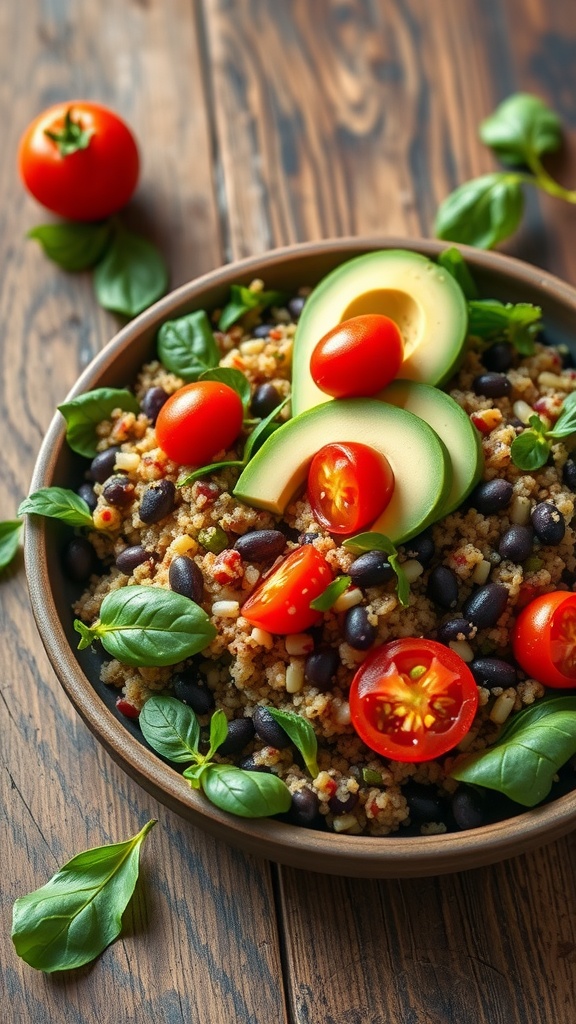 A bowl of quinoa and black bean salad topped with cherry tomatoes and avocado slices