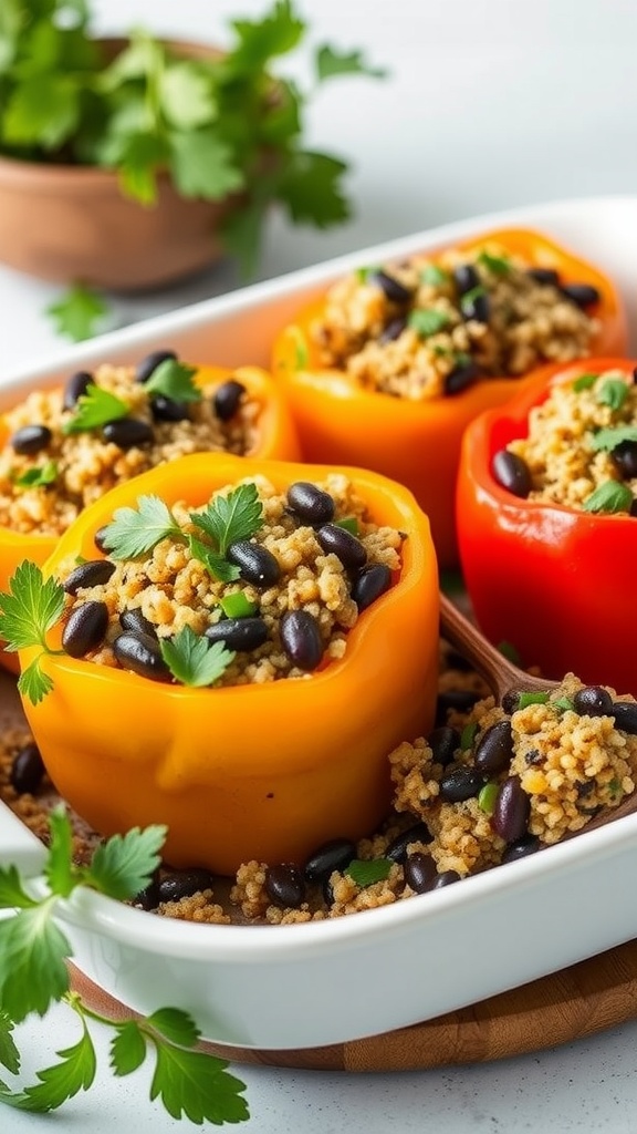 Quinoa and black bean stuffed peppers served in a white dish.