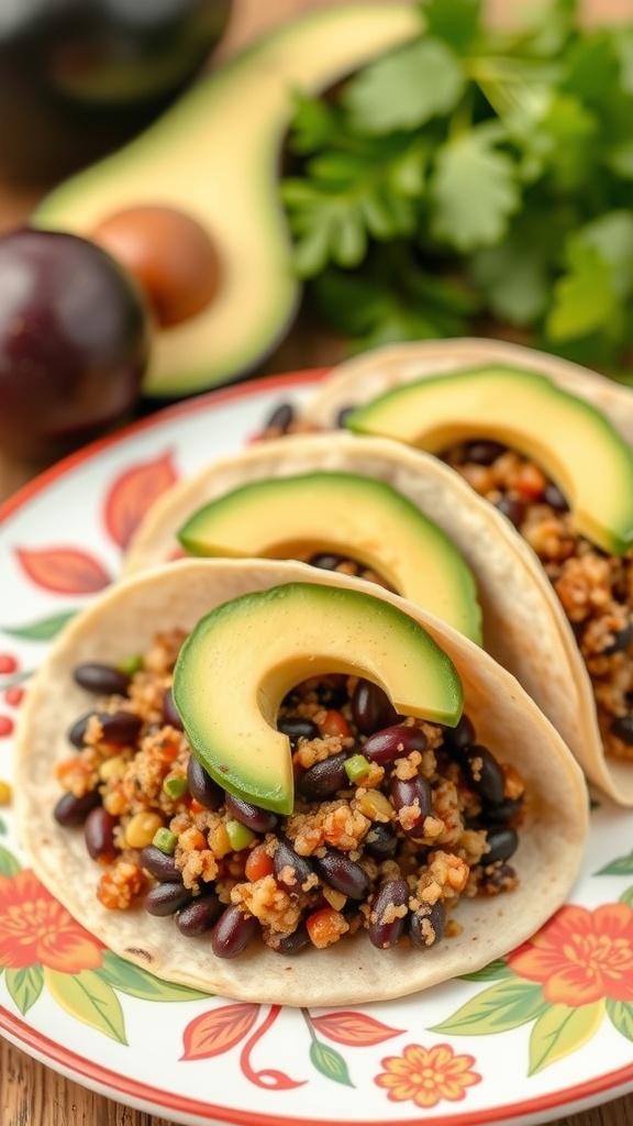 Quinoa and black bean tacos topped with avocado slices