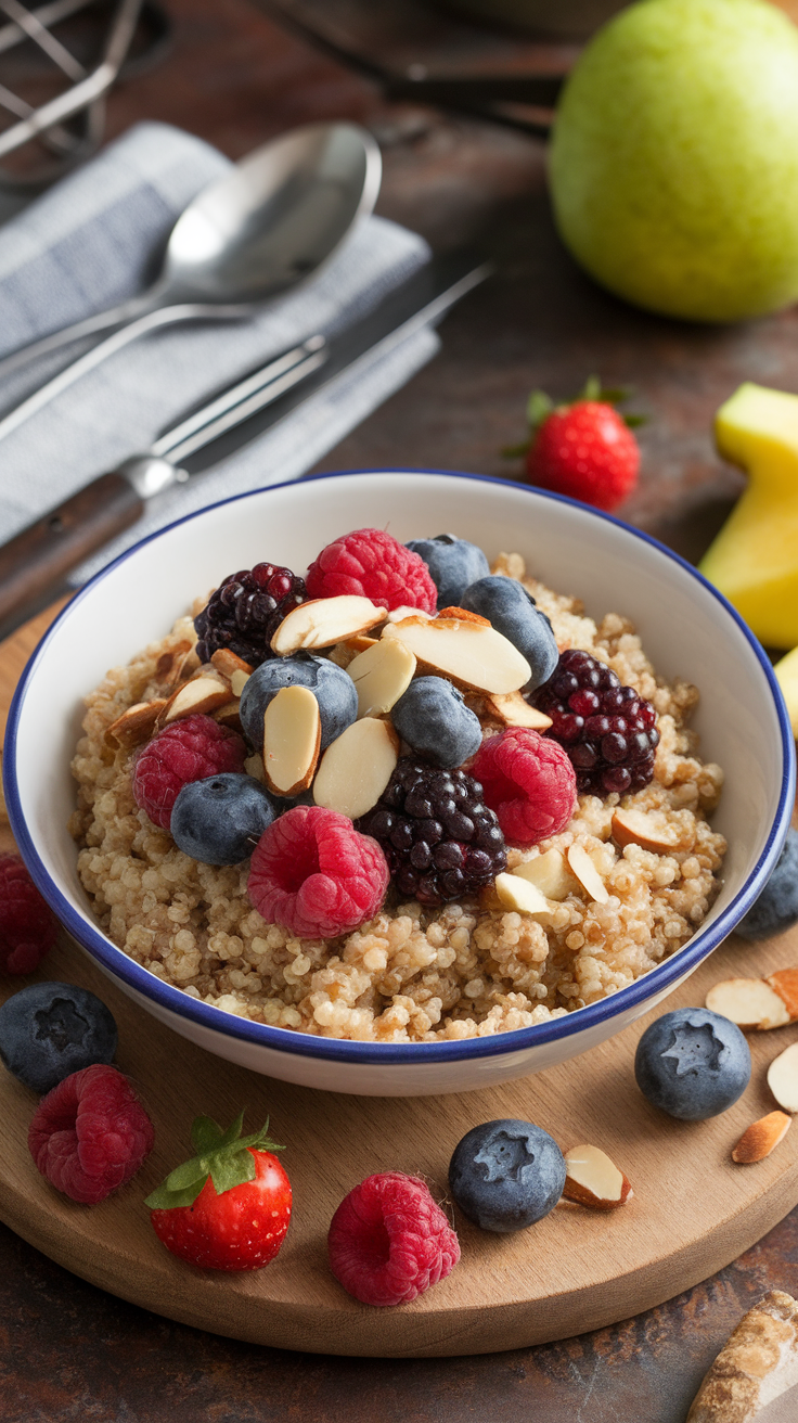 A healthy quinoa breakfast bowl topped with fresh berries and almonds.