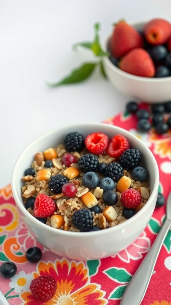 A healthy quinoa breakfast bowl topped with various berries and nuts.