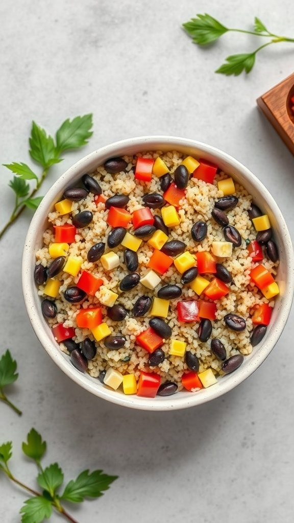 A colorful quinoa salad with black beans, bell peppers, and herbs.