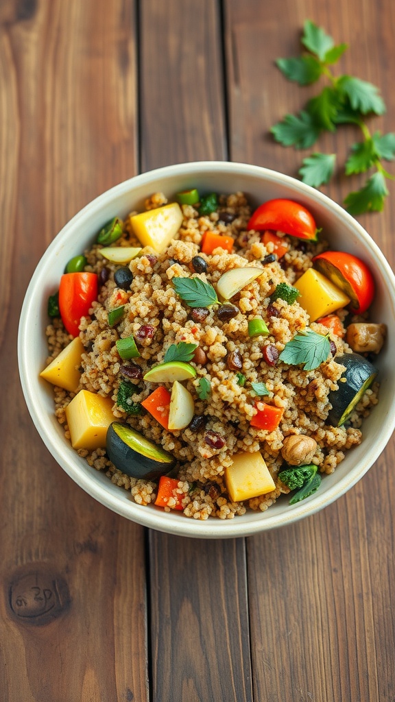 A bowl of quinoa salad with various roasted vegetables, such as zucchini, bell peppers, and cherry tomatoes.