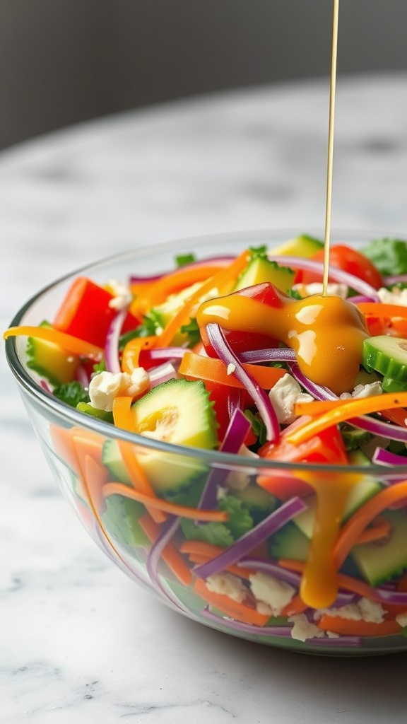 A colorful rainbow salad with various vegetables and dressing being drizzled on top.