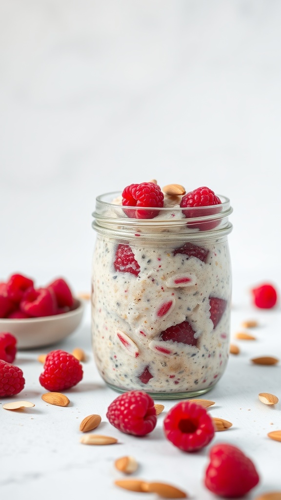 A jar of raspberry almond overnight oats topped with fresh raspberries and sliced almonds.