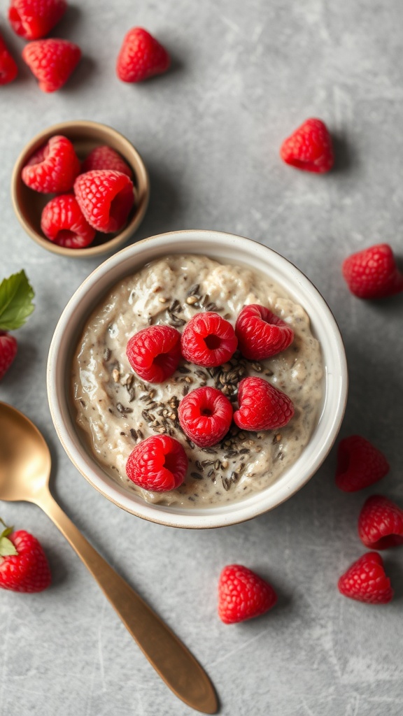 Bowl of raspberry chia seed oatmeal topped with fresh raspberries and chia seeds.