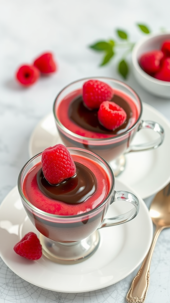 Raspberry Chocolate Pots de Crème served in elegant dessert cups, topped with fresh raspberries and mint.