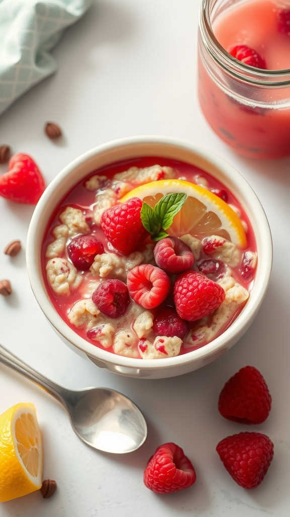 A bowl of raspberry lemonade oatmeal topped with fresh raspberries and lemon slices
