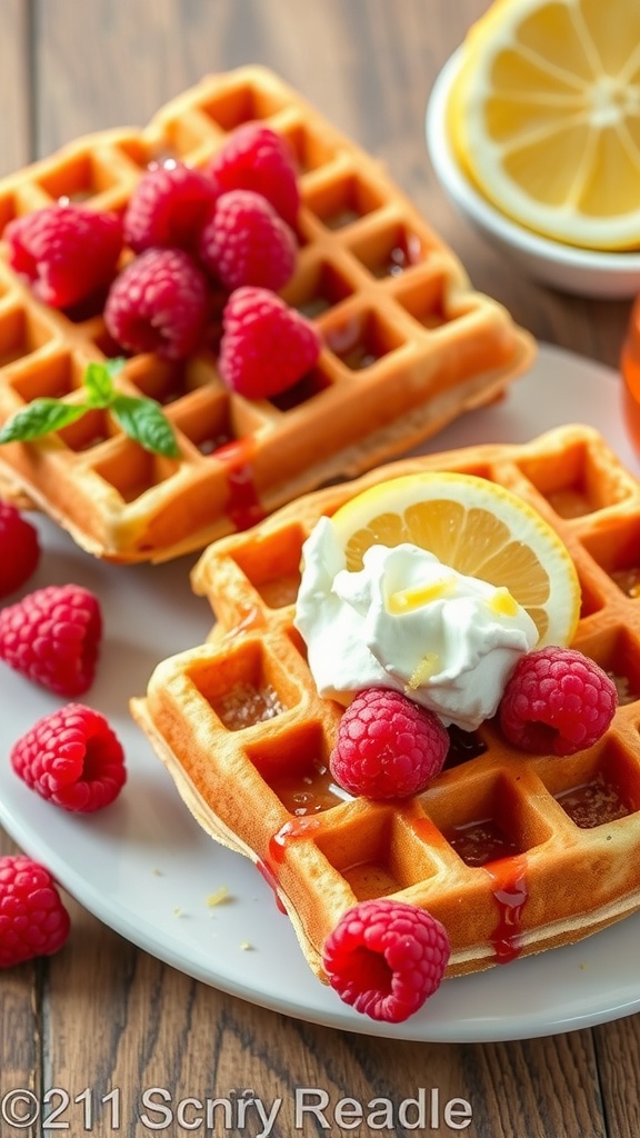 Delicious waffles topped with raspberries and lemon slices.