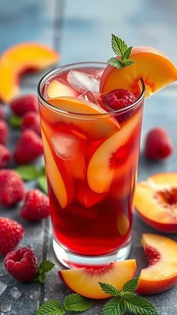 A tall glass of Raspberry Peach Iced Tea garnished with mint and fresh fruit.